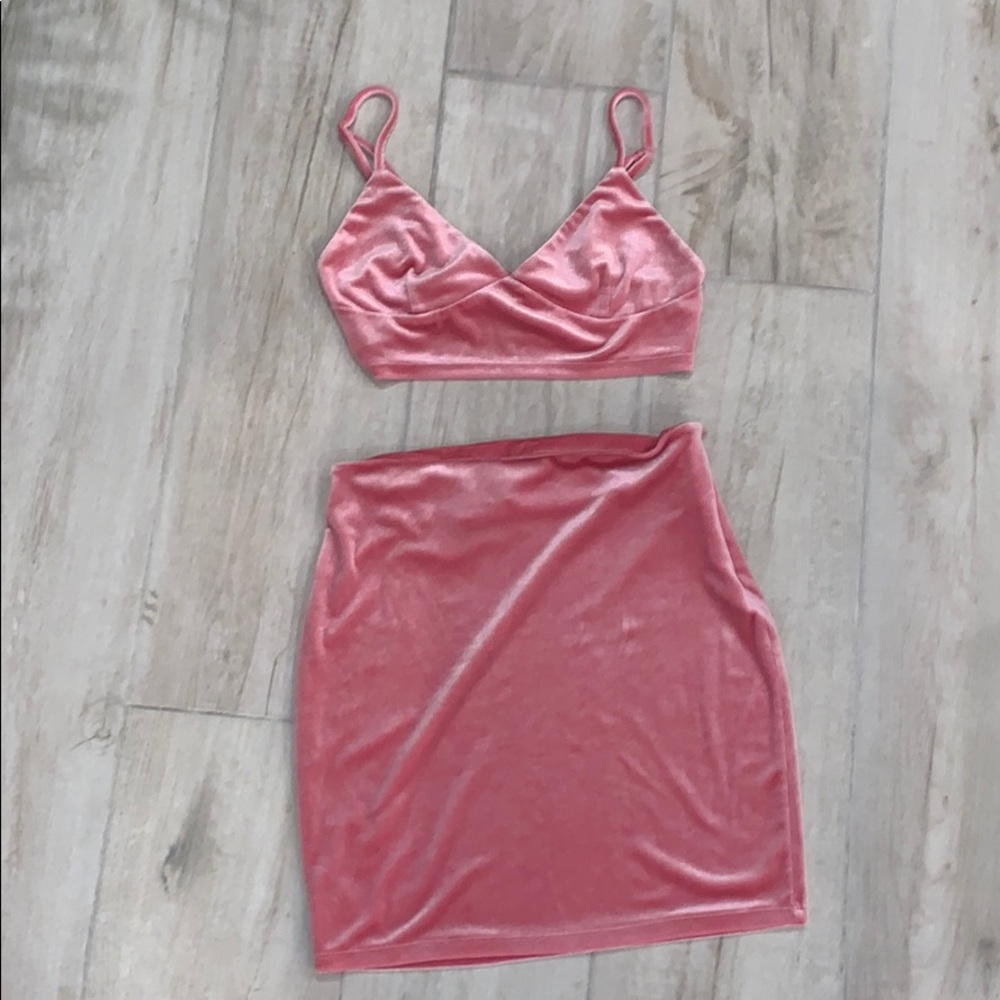 Hot pink velvet skirt and crop top set